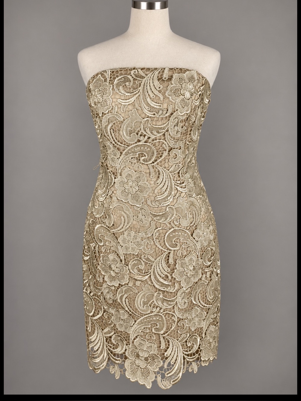 Vintage Y2K Caché Size 4 Champagne Lace Strapless Cocktail Dress